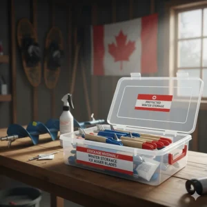 Illustration showing proper storage for replacement blades to prevent rust during the Canadian off-season.