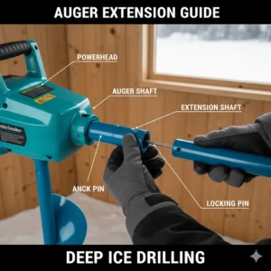 Illustration showing how to attach a StrikeMaster ice auger extension for thick northern Canada ice.