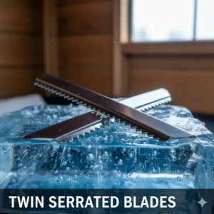 Sharp StrikeMaster ice auger serrated stainless steel blades for effortless drilling through hard blue ice.