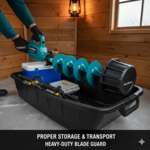Proper storage of a StrikeMaster ice auger with a heavy-duty blade guard for safe transport in a sled.