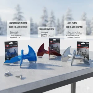 Diagram highlighting different types of ice auger replacement blades available in Canada, including curved and flat styles.