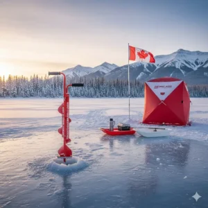 A stylized graphic of a lightweight manual ice auger next to a Canadian flag and a thermal ice fishing hut.