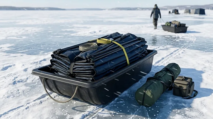 A heavy-duty 4 person ice fishing shelter set up on a frozen Canadian lake during a vibrant winter sunset.