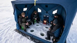 Interior view of a 4 person ice fishing shelter showing four people fishing comfortably with gear and a portable heater.