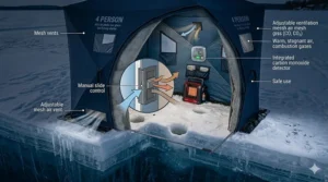 Technical illustration of the adjustable ventilation system in a 4 person ice fishing shelter to ensure fresh air flow.