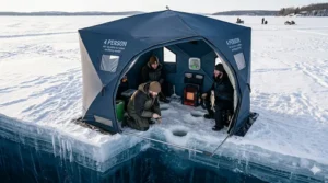 Friends enjoying the social aspect of ice fishing inside a spacious 4 person ice fishing shelter (abri de pêche sur glace).