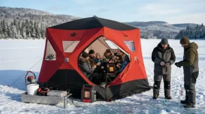 A 6 man insulated ice tent (abri de pêche sur glace) featuring high-visibility reflectors for safety on Canadian lakes.