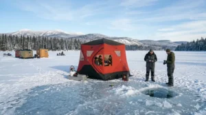 A glowing 6 man insulated ice tent at night with reflective trim visible under the Northern Lights.
