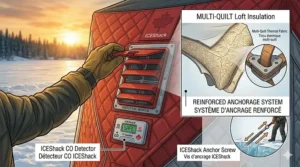 Illustration showing the oversized door and reinforced anchorage points of an 8 person hub ice house for easy access.