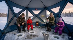 A warm photorealistic 4K interior view of a family gathering in a blue ice shelter, featuring a bilingual abri de pêche sur glace sign.
