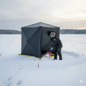 Shoveling loose snow onto the external skirt of the ice shack to prevent drafts and light leaks.