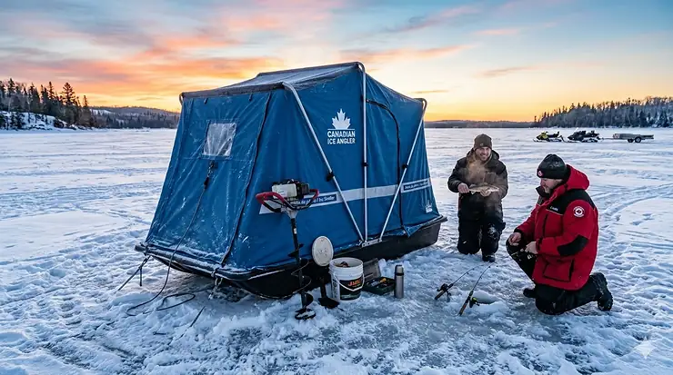 A heavy-duty insulated flip over ice shelter set up on a frozen lake in Ontario, Canada, during sunrise.