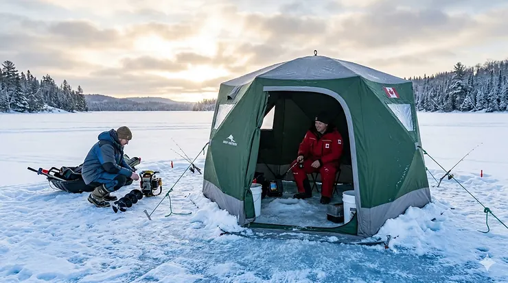 A high-quality hub style ice fishing shelter set up on a frozen Canadian lake during a clear winter day.