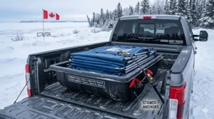Illustration of a blackout-style flip over ice shelter with interior LED lighting for overnight ice fishing trips.