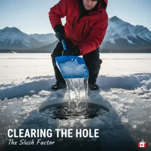 An ice fisherman using an auger to clear slush from a deep 10-inch hole on a frozen bay.