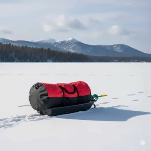 A folded pop up ice fishing shelter packed into a carry bag on a pulk sled for easy transport.