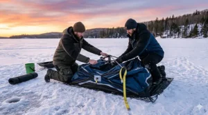 Photorealistic demonstration of two anglers quickly assembling a pop-up 4 person ice fishing shelter on the ice.