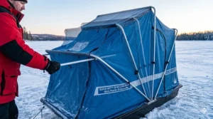 Illustration showing the fast 30-second setup of a portable flip over ice shelter for solo Canadian anglers.