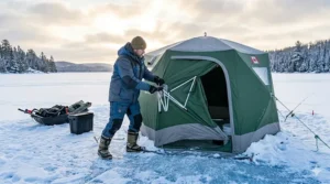 Illustration showing the quick pop-up assembly of a hub style ice fishing shelter in the snow.