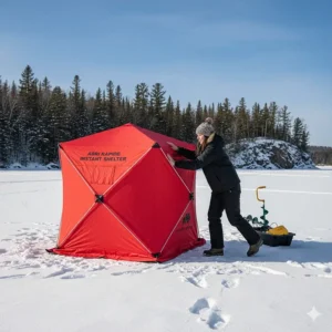 A Canadian angler easily unfolding a portable pop up ice fishing tent on the ice.