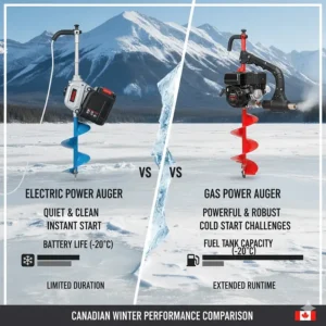 Comparison chart of electric and gas ice augers focusing on battery life in extreme Canadian sub-zero temperatures.