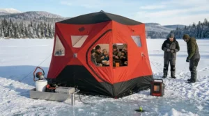 A Canadian family enjoying a warm fishing trip inside a heated 6 man insulated ice tent.