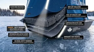 Overhead view of the interior of a 2-person flip over ice shelter featuring padded swivel seats and gear storage.