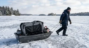 An angler pulling a compact flip-over ice shelter integrated with a rugged sled across a snowy frozen lake.