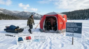 One-person setup of a flip-over ice shelter, demonstrating speed for hole hopping in cold conditions.