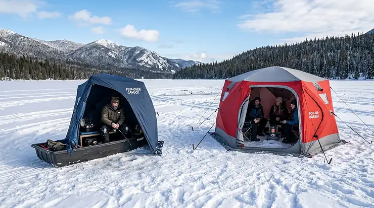 Comparison of a flip-over sled shelter and a pop-up hub tent on a frozen lake in the Canadian Rockies. flip over vs pop up ice shelter