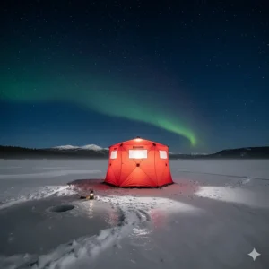 A 3-person pop up ice fishing shelter illuminated from within on a dark, starry Canadian night.