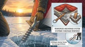 Detailed illustration of a high-tension ice anchor system securing a large 8 person hub ice house against high winds.