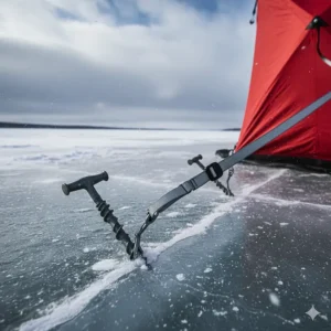 Close-up of heavy-duty ice anchors securing a pop up ice fishing shelter against harsh Canadian winds.