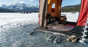Photorealistic view of heavy-duty ice anchors securing a portable ice shanty against high winds on an open lake.