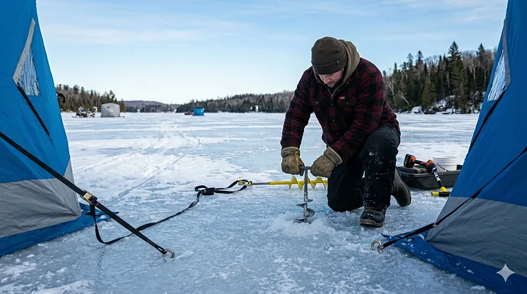 A Canadian angler securing a pop-up tent using heavy-duty ice shelter anchors on a frozen lake during a sunset.
