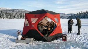 Detailed view of heavy-duty ice anchors securing a 6 man insulated ice tent against high winds.
