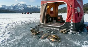 A portable ice shanty with reflective safety strips and a bright red shell for high visibility during Canadian winter twilight.