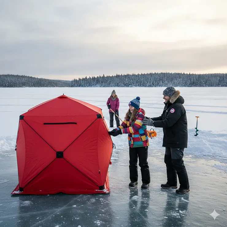 A family setting up a red pop-up ice fishing shelter on a frozen Canadian lake with a boreal forest background. how to set up pop up ice shelter