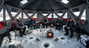Interior view of a spacious hub style ice shelter showing group capacity and gear layout for Canadian anglers.