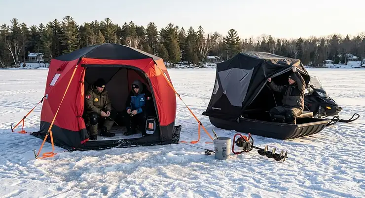 Comparison of a pop-up hub style ice shelter and a sled-based flip-over shack on a frozen Canadian lake. hub style ice shelter vs flip over