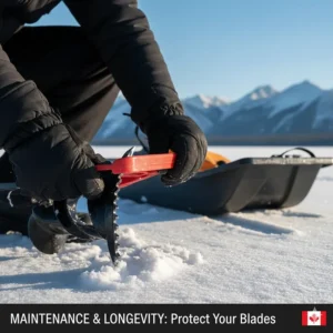 Illustration of a blade guard being attached to an ice auger to prevent dulling during transport in a sled.
