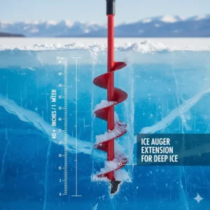Diagram showing a power ice auger with a steel extension rod for drilling through ice exceeding 40 inches.