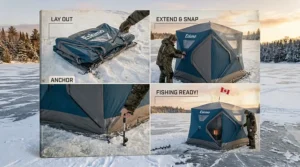 Cozy interior view of an insulated ice fishing shelter featuring a portable heater and anglers in winter gear.