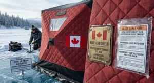 Interior view of a 2 person ice fishing shelter showing active ventilation ports for safety while using propane heaters on the ice.