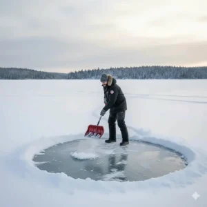Clearing deep snow with a shovel to create a flat surface for a hub-style ice shelter on a lake.