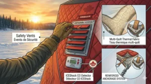 Illustration of safety vents and a CO detector in an 8 person hub ice house with bilingual safety labels.