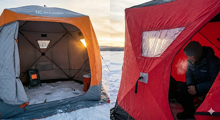 Illustration showing moisture buildup on a non-insulated shelter wall compared to the dry interior of an insulated ice shelter. insulated vs non-insulated ice shelter