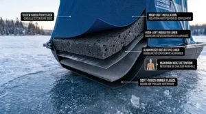 Illustration of reflective safety strips and bilingual (English/French) ventilation warnings on a Canadian ice fishing shelter.