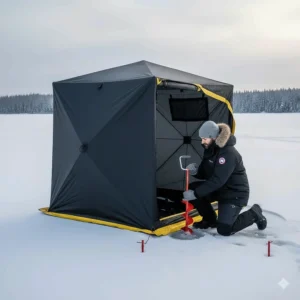 Using a hand drill to secure heavy-duty ice anchors through the shelter's skirt grommets.