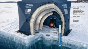 Cross-section diagram showing the multi-layer thermal insulation of a 4 person ice fishing shelter for extreme cold.